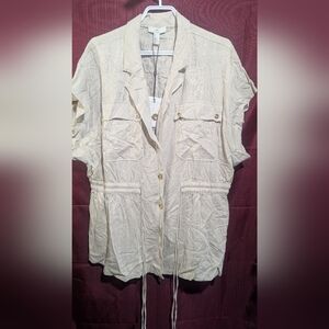 Halston Heritage Beige Short Sleeve Utility Jacket Blouse